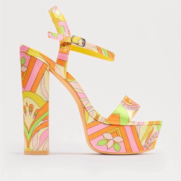 Fashion Nova Shoes - Fashion Nova Yellow Pink Multicolor Retro Printed Platform Heels